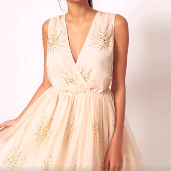 ASOS Mesh Dress - Size 8 - Champagne Color with Crystals Embroidered - Picture 1 of 10